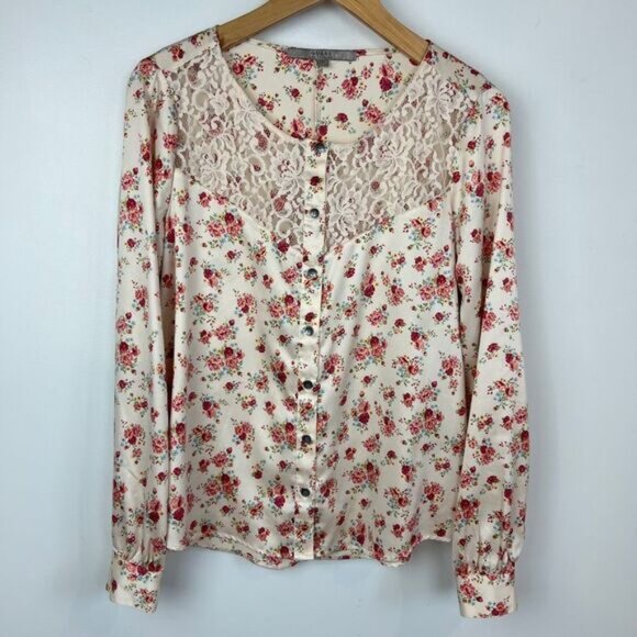 Guess Women's Small White Pink Floral Lace Detail Button Down Shirt Top Romantic - Picture 1 of 12